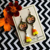 Retro Jack O Lantern with Bat Halloween Candy Corn Earrings