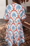 Contrast Palm Tree Printed Short Sleeve Flowy Dress (S-XL): Orange / Missy / S