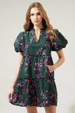 Anissa Floral Jeanne Bubble Sleeve Babydoll Dress Dark Green Pink 14024PB