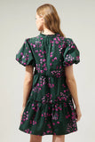 Anissa Floral Jeanne Bubble Sleeve Babydoll Dress Dark Green Pink 14024PB