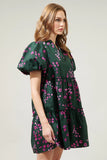 Anissa Floral Jeanne Bubble Sleeve Babydoll Dress Dark Green Pink 14024PB