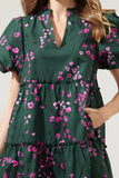 Anissa Floral Jeanne Bubble Sleeve Babydoll Dress Dark Green Pink 14024PB