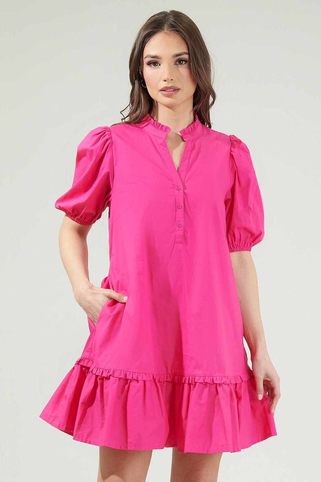 Sasha Split Neck Shift Mini Dress Bright Fuchsia 14152A