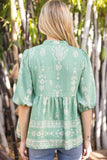 35222 Peplum Boarder Print Cover Button Top: Green / M