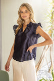 35945 Smock and Ruffle Detail Metallic Woven Top: Navy / L