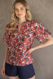 35776 Multi Color Floral Jaquard Top: Red / M
