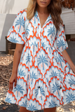 Contrast Palm Tree Printed Short Sleeve Flowy Dress (S-XL): Orange / Missy / L