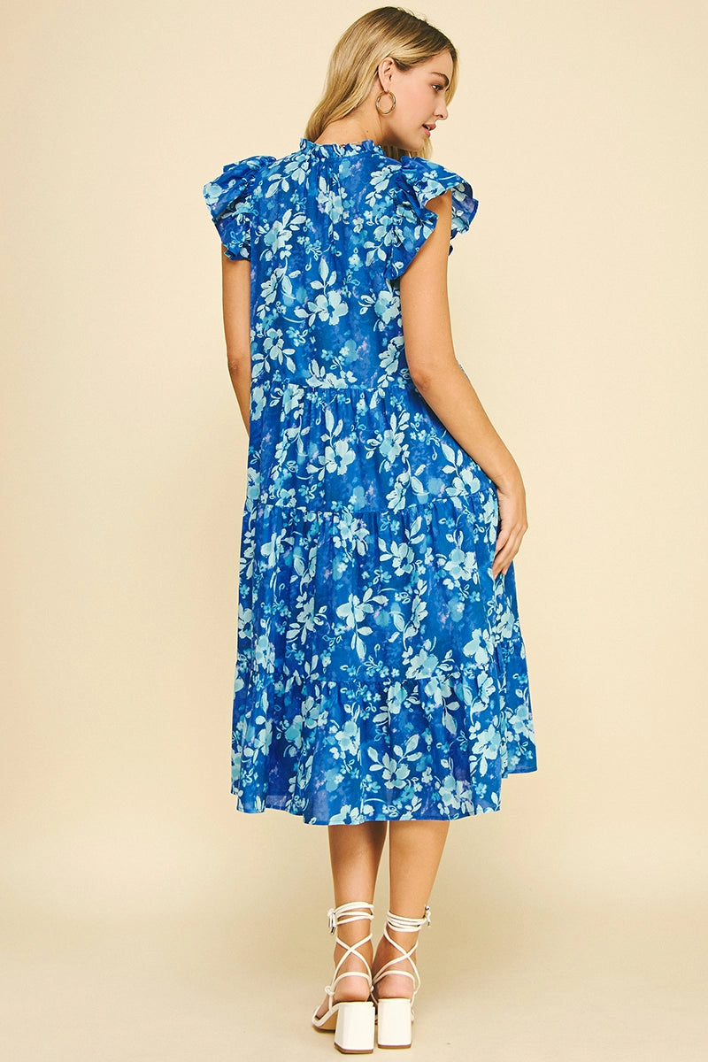 Tropical Blue Floral Tiered Dress 100% Cotton 5889D