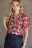 35776 Multi Color Floral Jaquard Top: Red / L