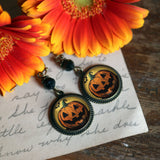 Retro Halloween Jack O Lantern with Bat Earrings