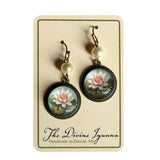 Waterlily Glass Cabochon Earrings w/ Pearl Bead