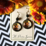 Retro Halloween Jack O Lantern with Bat Earrings