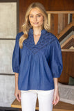 35871 Diamond Textured Yoke Quarter Puff Sleeve Top: Denim Blue / L