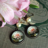 Waterlily Glass Cabochon Earrings w/ Pearl Bead