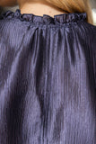 35945 Smock and Ruffle Detail Metallic Woven Top: Navy / L