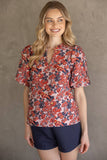 35776 Multi Color Floral Jaquard Top: Red / L