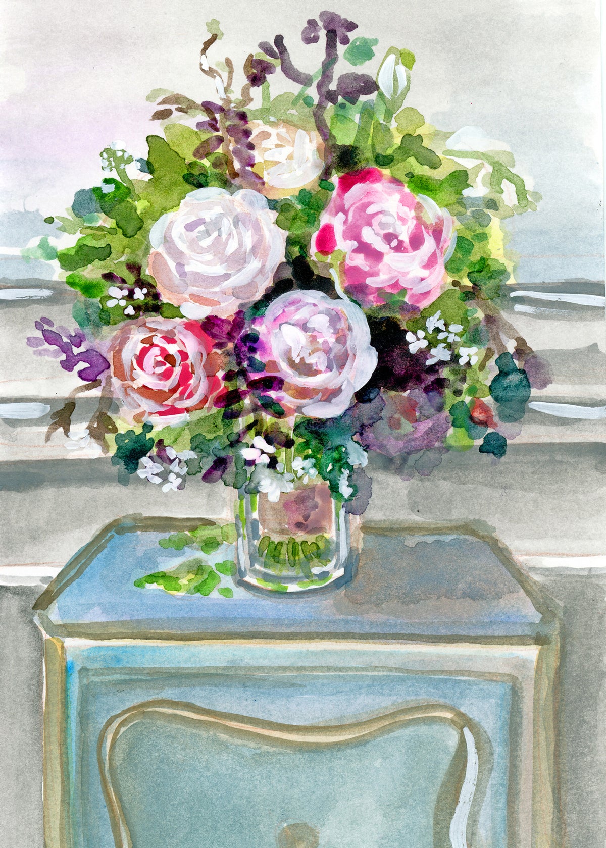 Watercolor Cabinet with Bouquet by Carrie Hannegan