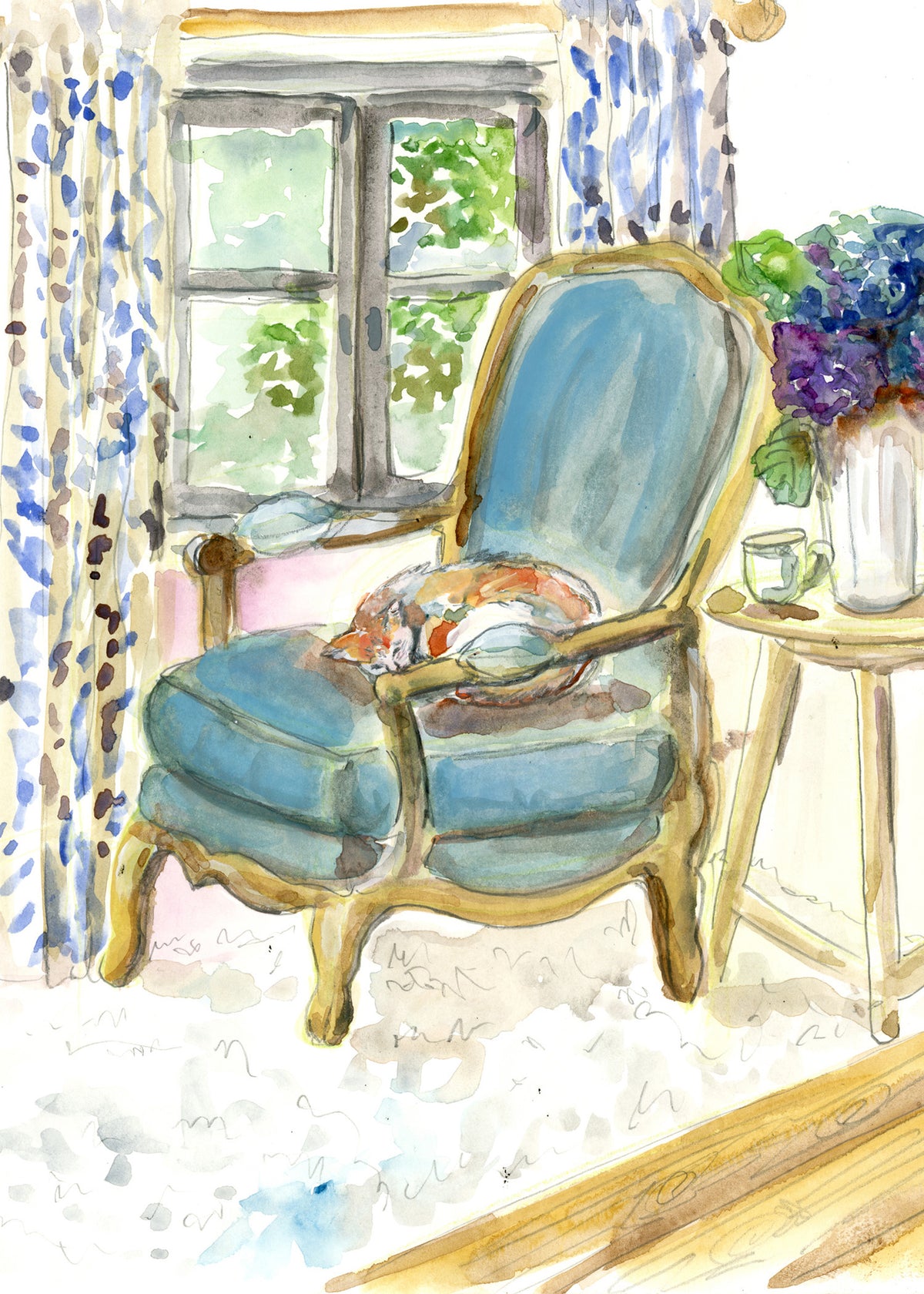 Watercolor Cat on Chair in Blue Room by Carrie Hannegan