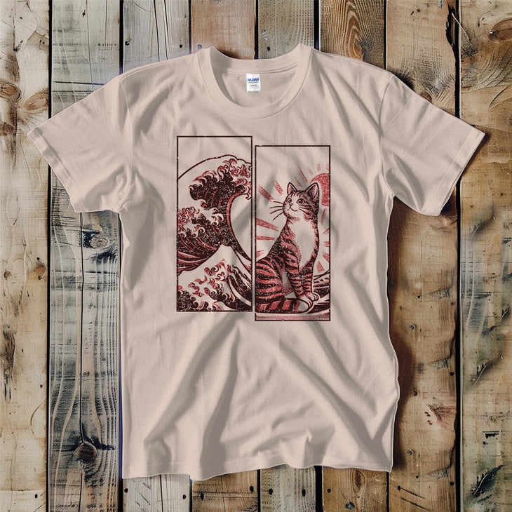 Japanese Cat Wave T-Shirt in Sand Color 100% Cotton