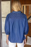 35871 Diamond Textured Yoke Quarter Puff Sleeve Top: Denim Blue / M