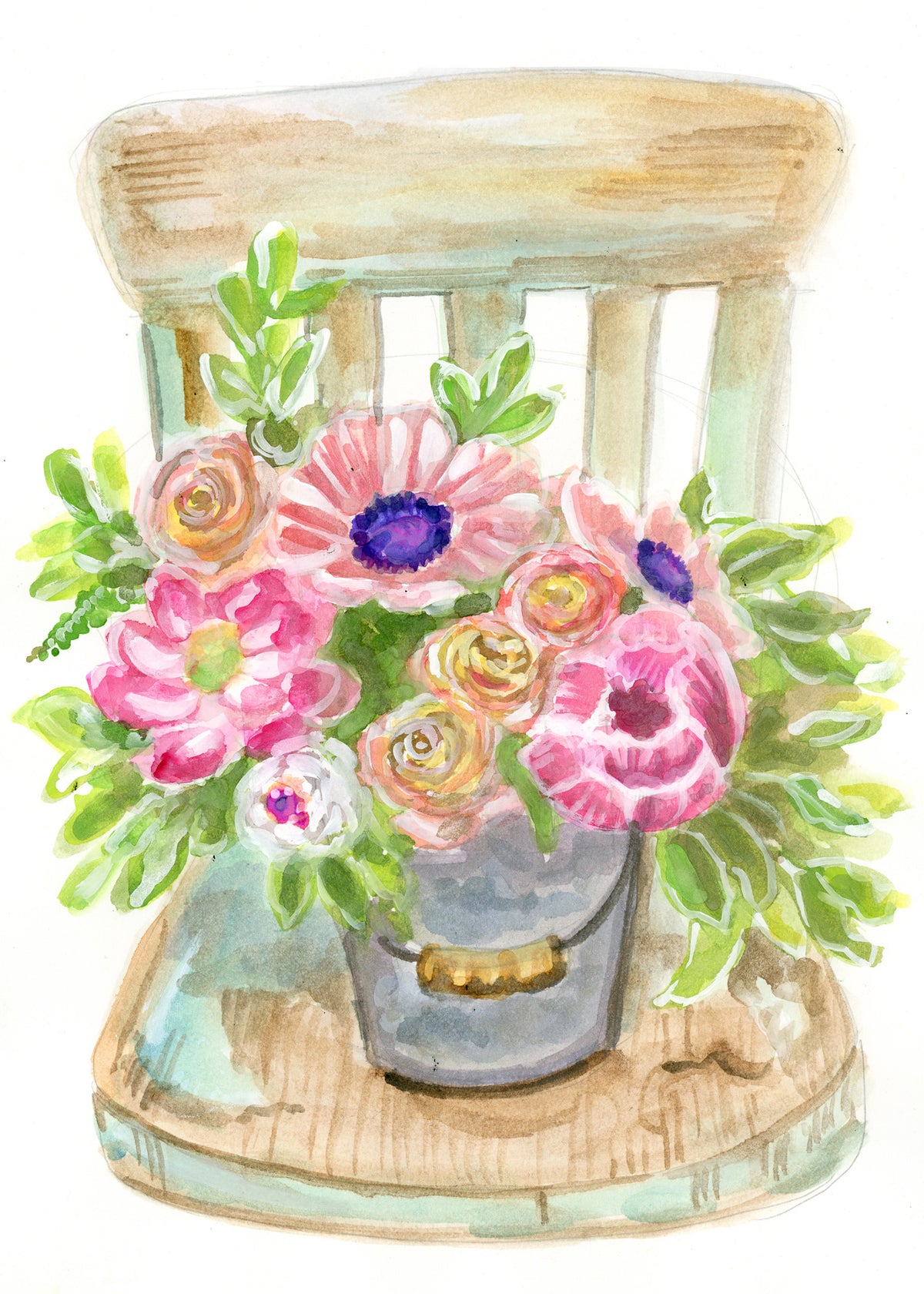 Watercolor Bucket of Flowers on Chair by Carrie Hannegan
