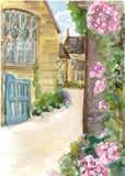 Watercolor Church Courtyard by Carrie Hannegan