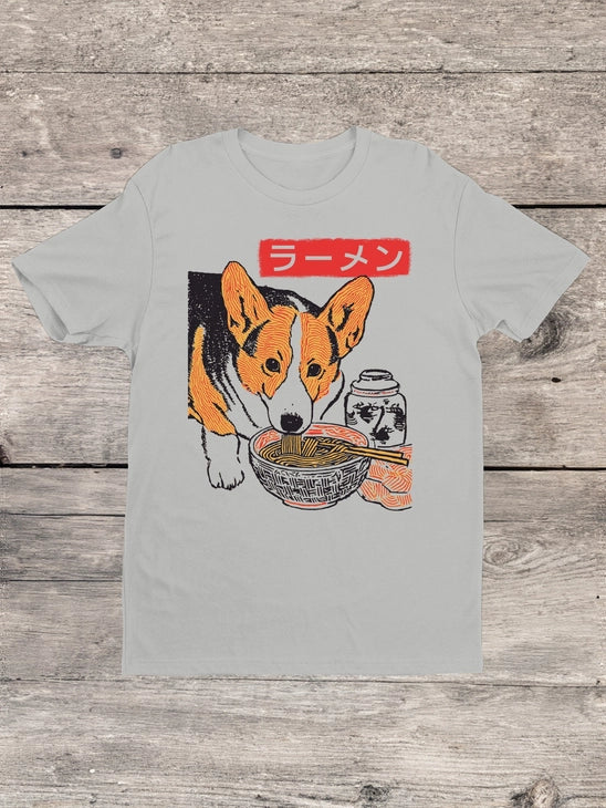 Corgi Ramen Delight T-Shirt in Heather Gray 100% Cotton