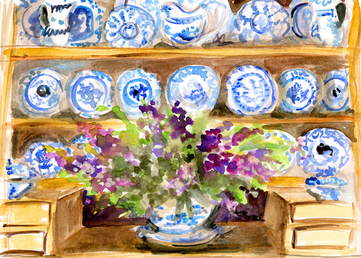 Watercolor Blue & White Cupboard by Carrie Hannegan