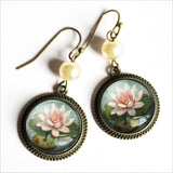 Waterlily Glass Cabochon Earrings w/ Pearl Bead