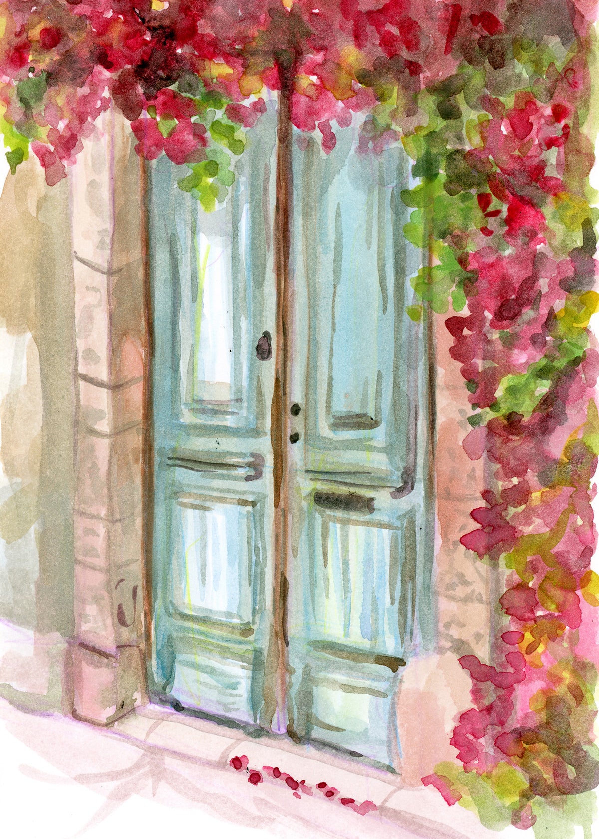 Watercolor Door with Bougainvillea by Carrie Hannegan