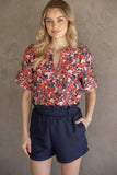 35776 Multi Color Floral Jaquard Top: Red / L