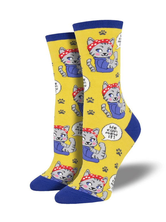 Women’s Socksmith We Can Meow It Cat Rosie the Riveter Socks in Yellow