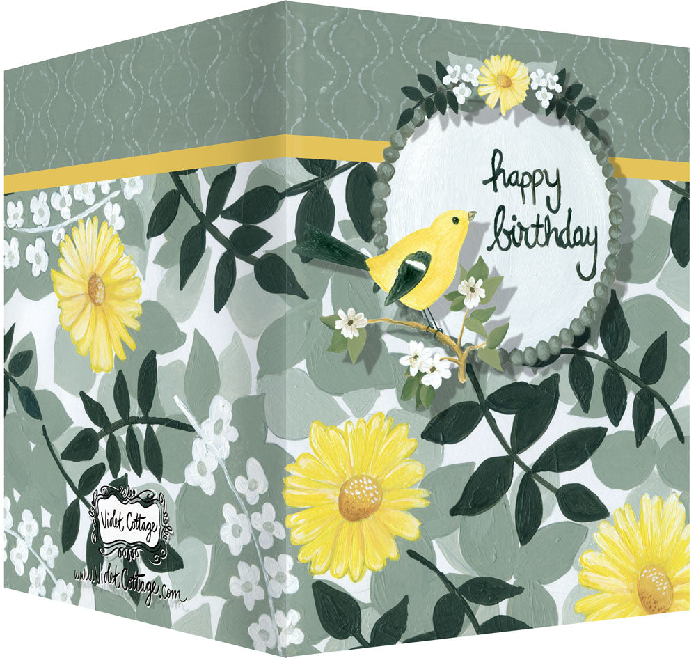 Happy Birthday Greeting Card - Blank Inside - Yellow & Black Flowers & Bird