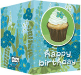 Happy Birthday Greeting Card - Blank Inside - Blue & Green Flowers & Cupcake