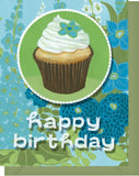 Happy Birthday Greeting Card - Blank Inside - Blue & Green Flowers & Cupcake