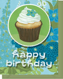 Happy Birthday Greeting Card - Blank Inside - Blue & Green Flowers & Cupcake