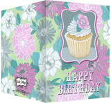 Happy Birthday Greeting Card - Blank Inside - Pink & Grey Flowers & Cupcake