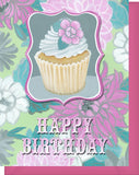 Happy Birthday Greeting Card - Blank Inside - Pink & Grey Flowers & Cupcake