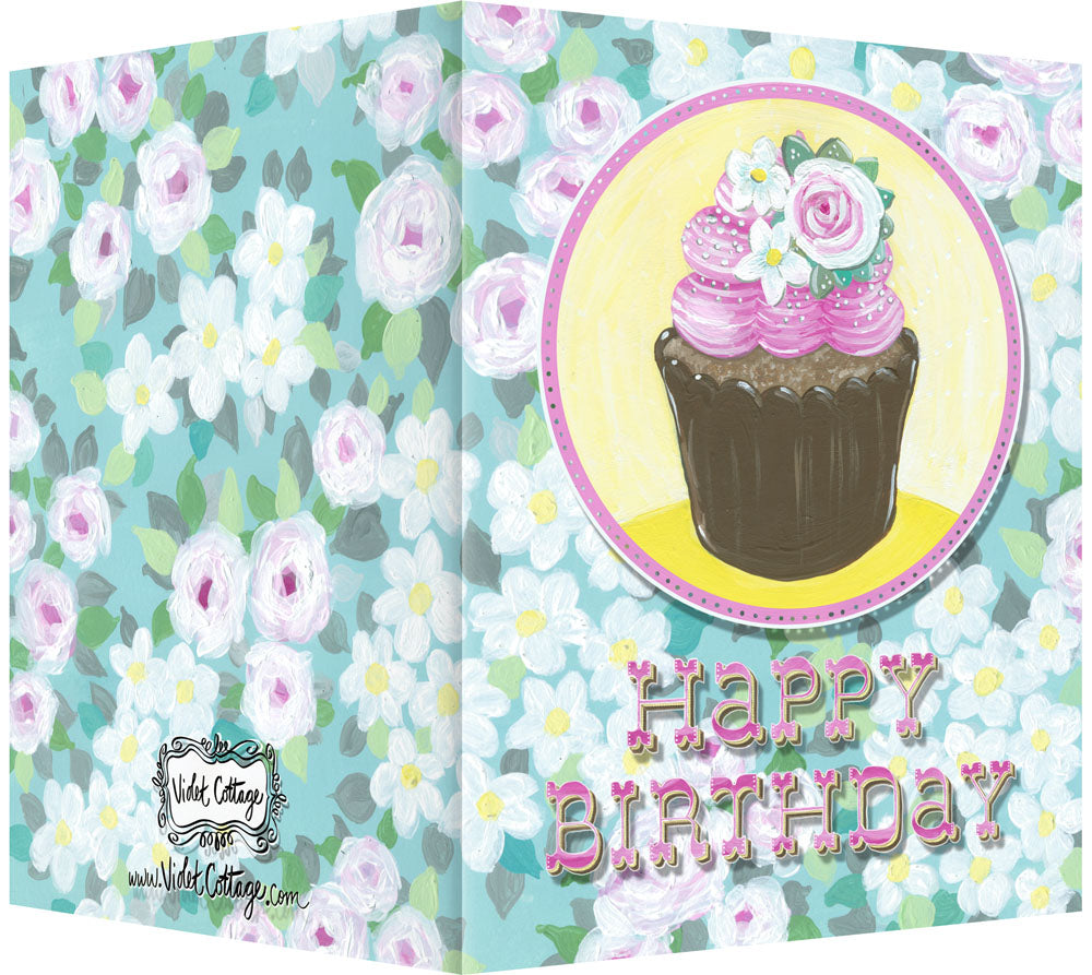 Happy Birthday Greeting Card - Blank Inside - Pink & White Flowers & Cupcake