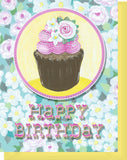 Happy Birthday Greeting Card - Blank Inside - Pink & White Flowers & Cupcake