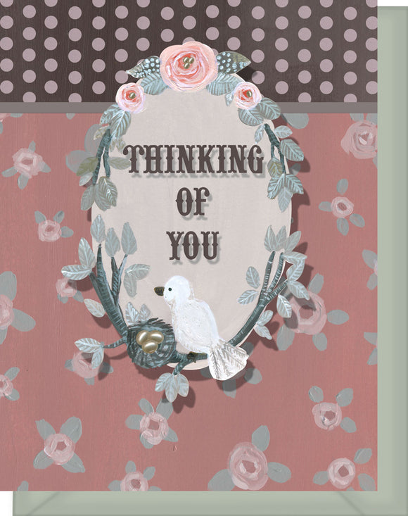 Thinking of You Greeting Card - Blank Inside - Pink & Brown Flowers & Bird
