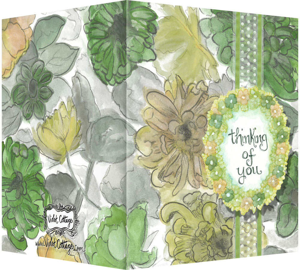 Thinking of You Greeting Card - Blank Inside - Green & Yellow Flowers