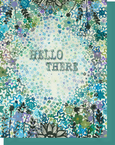 Hello There Greeting Card - Blank Inside - Blue & Gray Floral Card