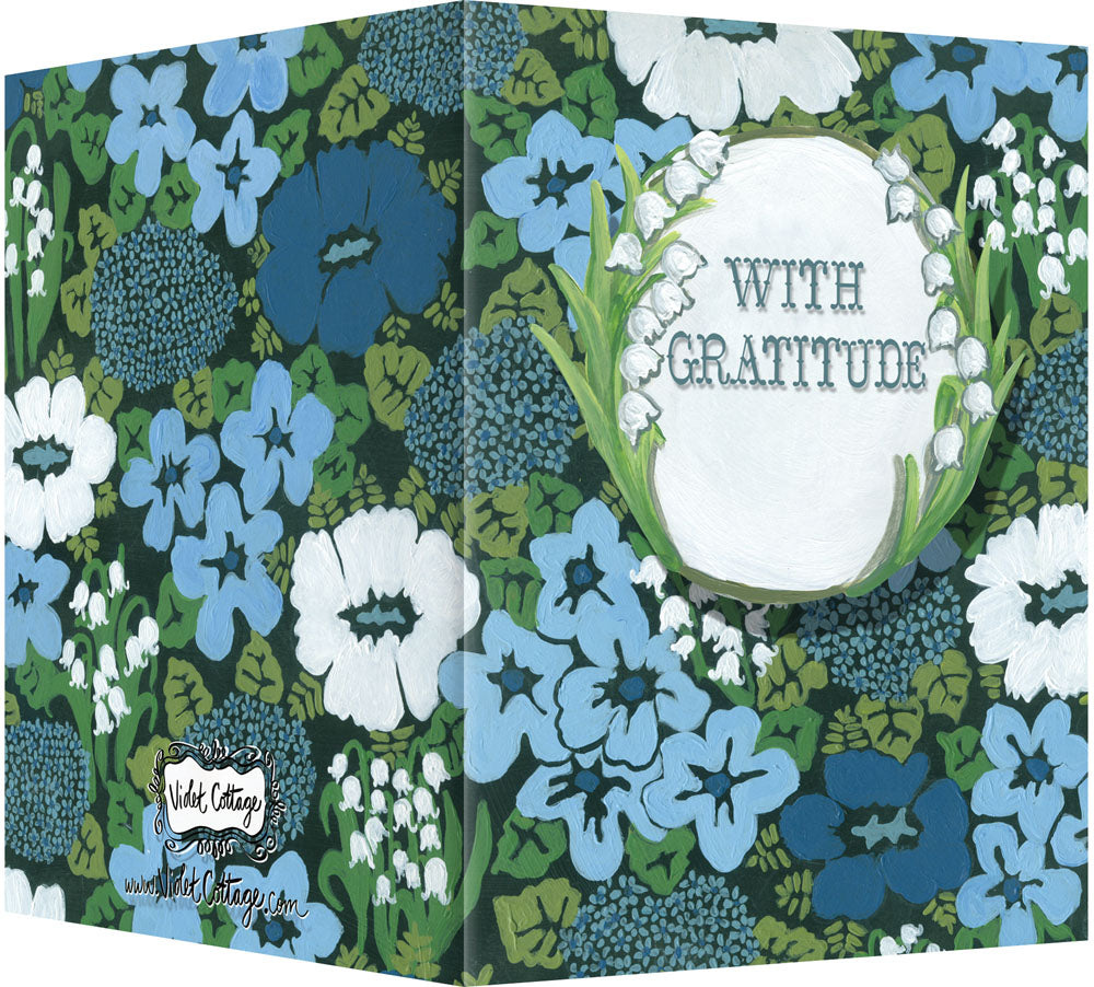 With Gratitude Greeting Card - Blank Inside - Thank you Blue Flowers and Lily of the Valley