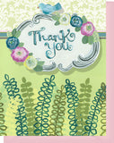 Thank you Greeting Card - Blank Inside - Pink, Lime, Turquoise Flowers & Ferns