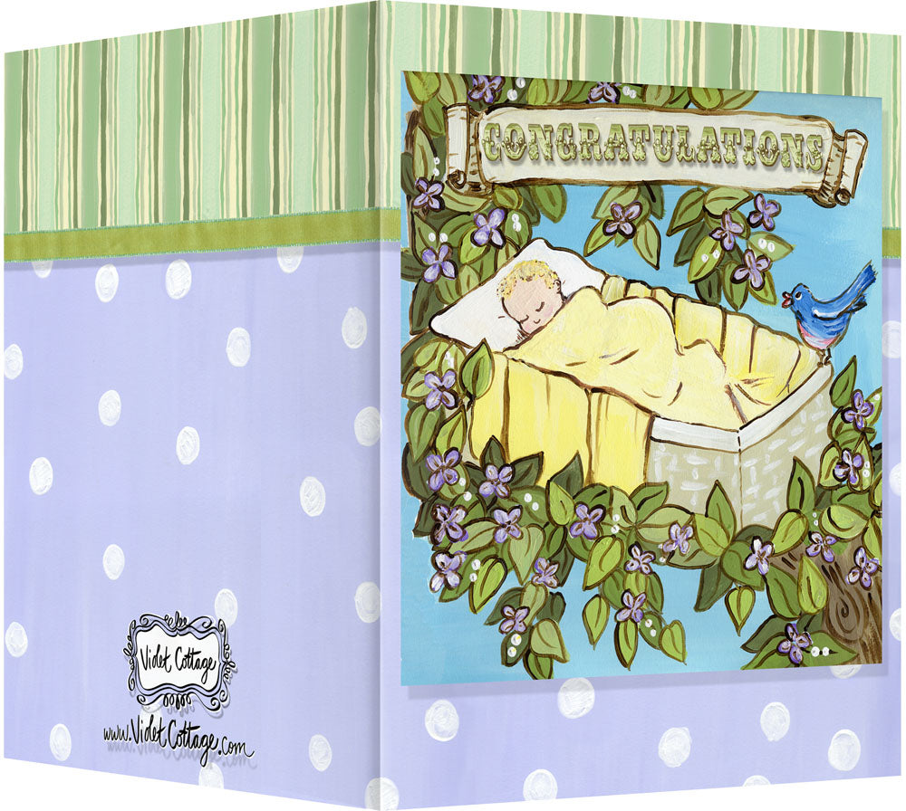 Welcome Baby Congratulations Greeting Card - Blank Inside - Rock-a-bye Baby in Tree with Bird