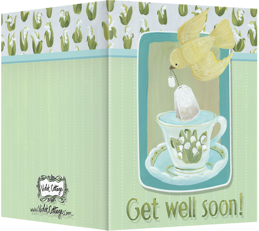 Get Well Soon! Greeting Card - Blank Inside - Yellow Bird with Teacup & Lilies