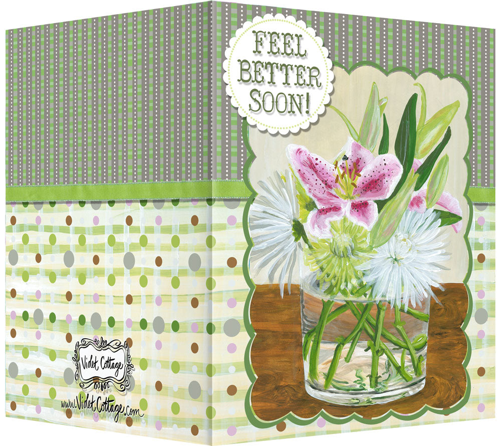 Feel Better Soon! Greeting Card - Blank Inside - Pink Lilies & Mumms in Vase