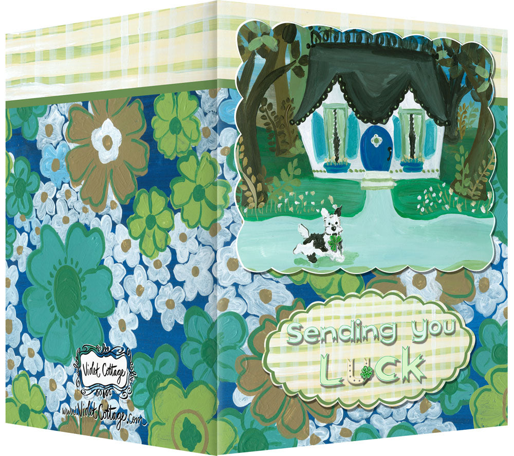 Sending You Luck Greeting Card - Blank Inside - House, Dog & Four Leaf Clovers