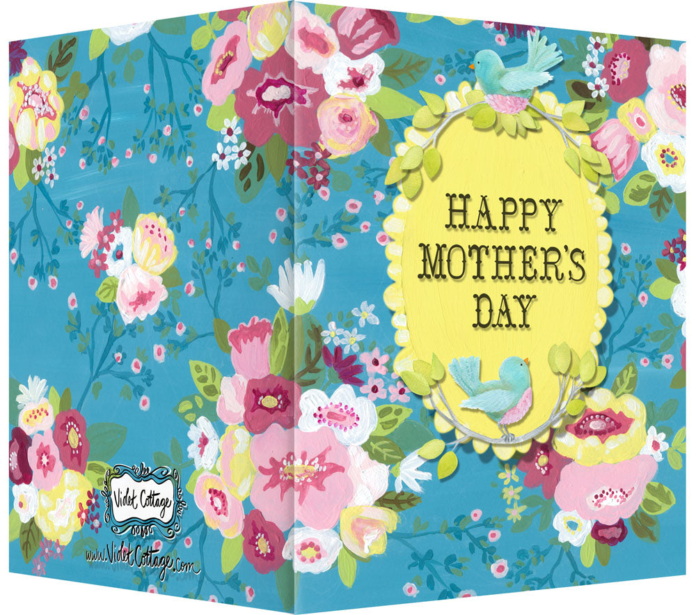 Happy Mother's Day Greeting Card - Blank Inside - Blue, Pink Flowers with Birds